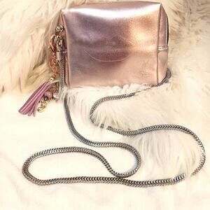Yves Saint Laurent YSL PINK Metallic Crossbody Bag Beaded Tassle cosmeti…
